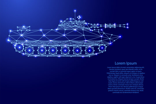 combat tracked tank from futuristic polygonal blue lines and glowing stars for banner, poster, greeting card