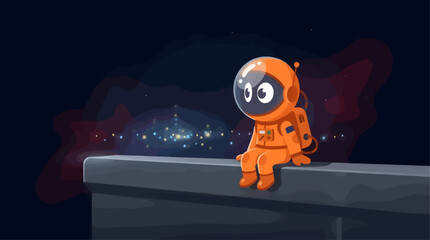 Cute Tangerine Astronaut Sitting on a Rooftop Edge Looking at Distant City Lights, Cartoon Space Explorer in Orange Suit, Night Sky Background, Whimsical Vector Illustration with Copy Space © Nasywastudio