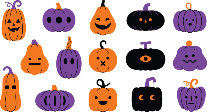 Happy Halloween pumpkin faces in orange, purple and black Vector