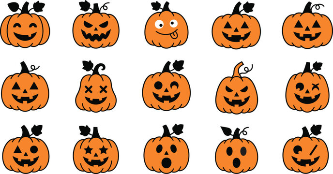 Happy Halloween Collection of cartoon jack-o-lanterns with different faces Vector