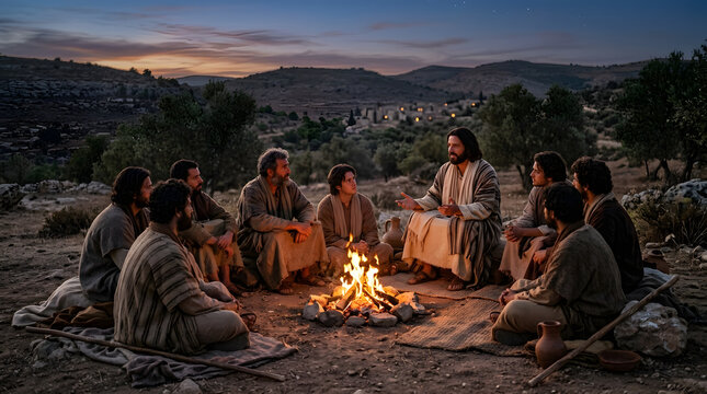 Jesus teaching his disciples around a crackling campfire under the night sky, sharing parables and divine wisdom