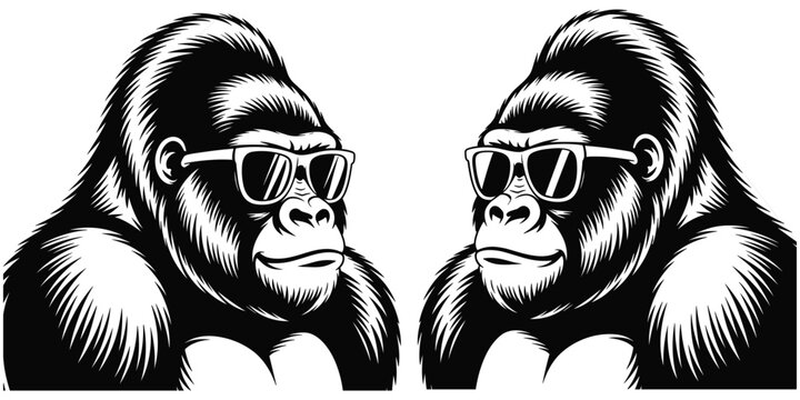 Two Black and White Gorillas Wearing Sunglasses Facing Each Other on White Background primate cool