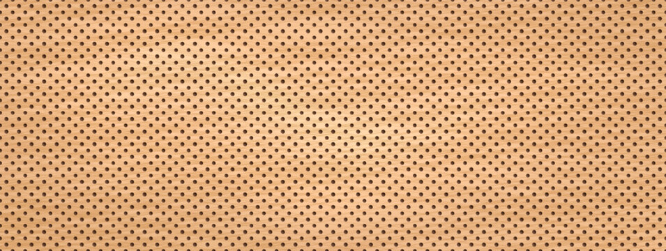 Beige pegboard texture with tiny peg holes and perforated wood grain. Empty plywood board background in neutral brown paper tone. Simple vector pegboard pattern with round dots for textile design