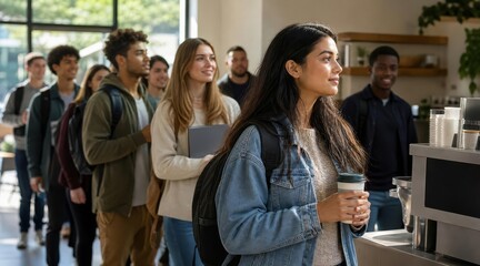 Obraz premium Diverse students in campus coffee shop queue