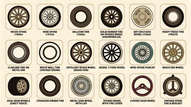 Flat Vector Icons of Vintage Car Wheels and Tires, Showing Evolution from 1900s Wood Spoke to Art Deco Disc and Truck Tires, Historical Automotive Design Collection