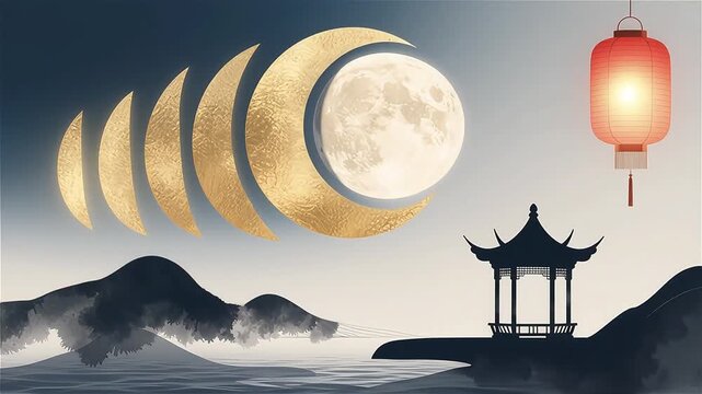 Beautiful oriental landscape showcasing moon phases shifting above a traditional Chinese temple pavilion silhouette.