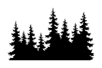 Obraz premium Fir trees silhouette. Coniferous spruce horizontal background pattern, black evergreen woods vector illustration. Beautiful hand drawn panorama of coniferous forest