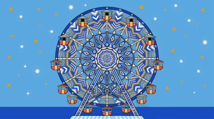 Flat Vector Illustration of a Stylized Ferris Wheel with Ornate Geometric Patterns, Red and Gold Gondolas, against a Blue Sky with Scattered Stars © Siska