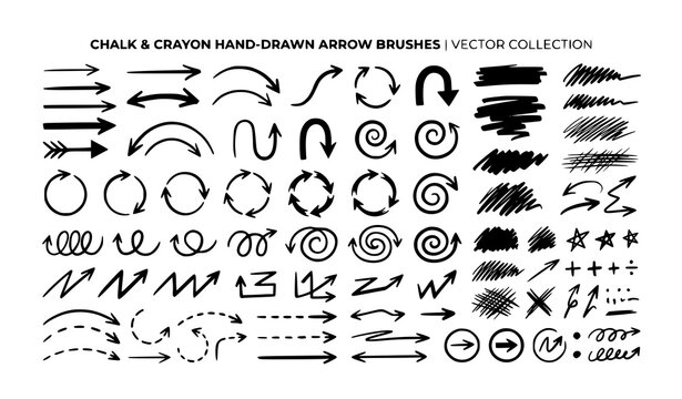 Hand drawn chalk arrow brush vector set with sketch strokes