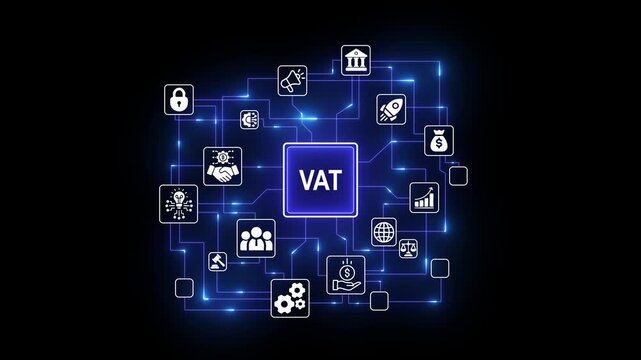 VAT Value Added Tax financial accounting and corporate compliance network concept on black background.