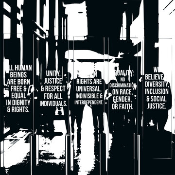 Diverse group advocating for human rights and social justice with inspirational quotes