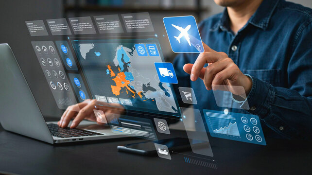 Man managing global logistics and transport on a futuristic digital interactive holographic screen dashboard