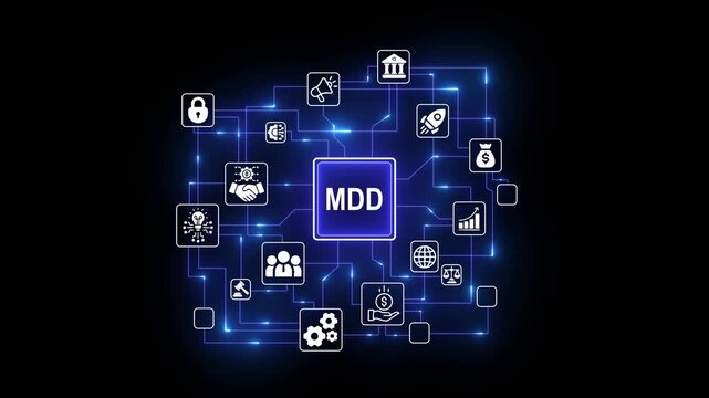 MDD Medical Device Directive compliance and health technology network concept on black background.