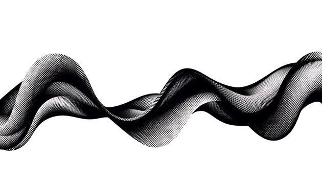 Monochrome halftone dotted illustration, abstract dynamic wave, ribbon pattern. Curved line with halftone effect, flud design. Vector minimalist background. Overlay template. Vector