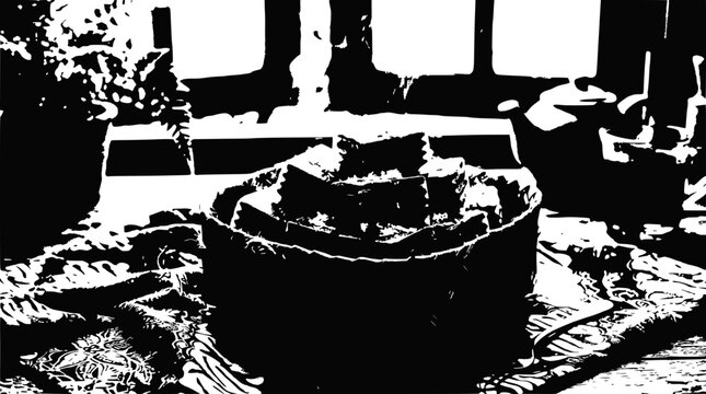 Artistic Black and White Cake Display with Plants and Tea Set