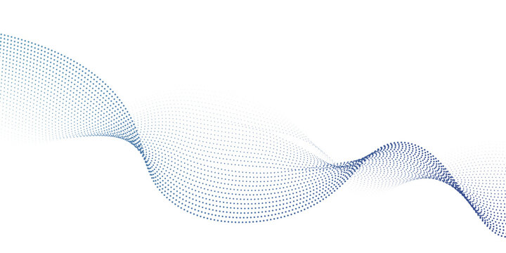 Blue airy particles flow vector design, abstract background with wave of flowing dots array, digital futuristic illustration, nano technology theme.