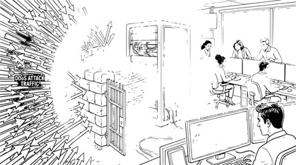 Fototapeta premium Cybersecurity: Network defense against DDoS attack, office team working