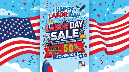 Fototapeta premium Labor day sale poster with american flags tools and shopping bags.