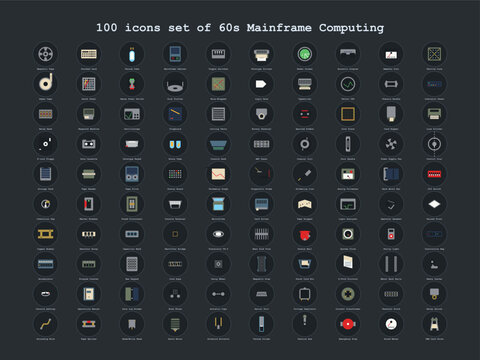 60s Mainframe Computing Icons Set 100 Flat Vector Vintage Server Web UI App Element Design