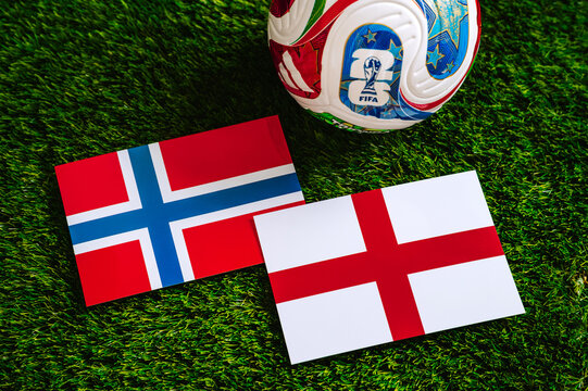FIFA World Cup 2026 quarterfinal: Norway vs England, national flags before international football match. Ilustrational editorial photo