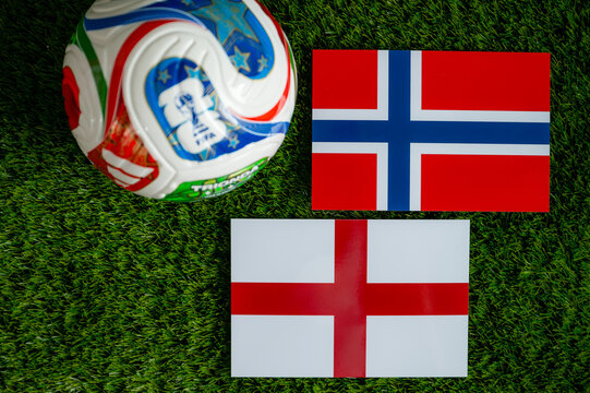FIFA World Cup 2026 quarterfinal: Norway vs England, national flags before international football match. Ilustrational editorial photo