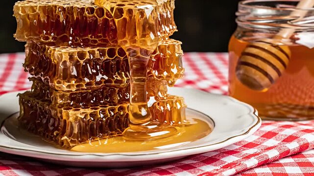 Stacked honeycombs and honey jar on picnic cloth.