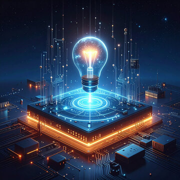 Glowing light bulb on futuristic circuit board digital innovation concept