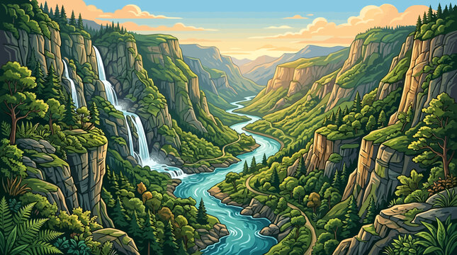 Stunning Waterfall Cascading into a Winding River Canyon Landscape.