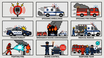 Flat Vector Icon Set of Emergency Services: Dispatch, Police, Fire, Ambulance, Medical Rescue, Scene Control, and Response Team Collaboration © Faisal