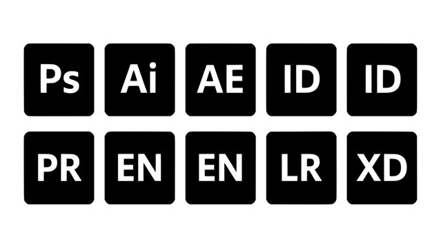 Logo Initials Icon Grid with Black Squares and White Letters, Featuring Ps Ai Ae Id Id Pr En En Lr Xd