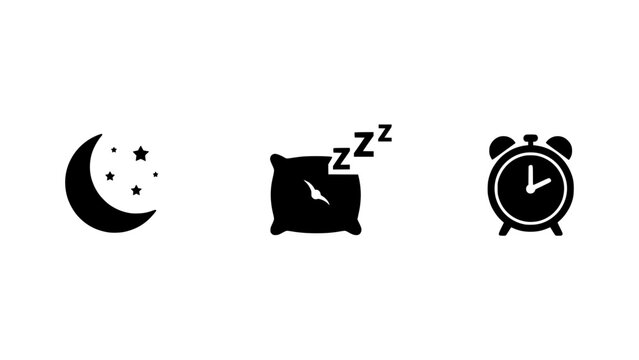 Moon Crescent Icon, Pillow with Zzz Sleep Symbol, and Alarm Clock with Minimalist Black and White Vector Design