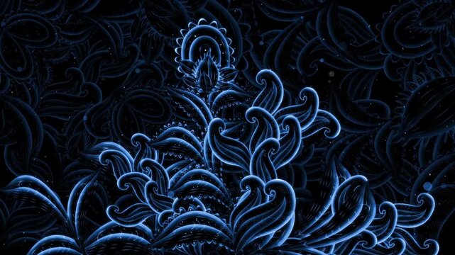Abstract glowing blue floral pattern with intricate neon vines and paisley ornaments on a dark background