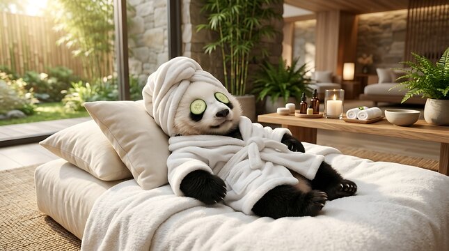 Relaxing panda stuffed animal lying on bed with cucumber slices on eyes in cozy room