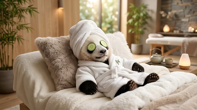 Cute panda plushie toy relaxing on cozy couch with sunglasses