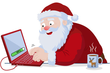 Cartoon Santa Claus typing on a red laptop computer, steaming mug with reindeer motif nearby, isolated on white background. © Irina