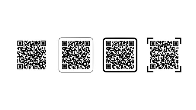 Qr Code Icons Set with Four Distinct Border Styles in a Row, Simple Black and White Vector Design for Scanning
