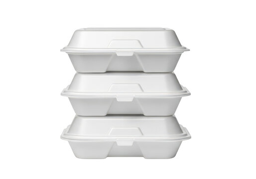 Stack of three white styrofoam takeout containers with container