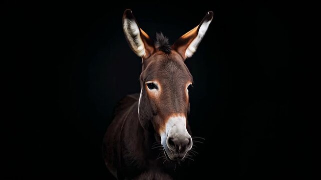 Brown donkey with prominent ears and expressive eyes gazes directly at the camera against a dark background, showcasing its features and unique expressions in a series of close-up frames