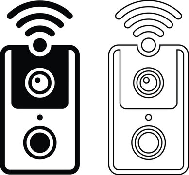 Smart wireless video doorbell icon in silhouette and outline vector style showing WiFi security camera, intercom device, home automation, and surveillance