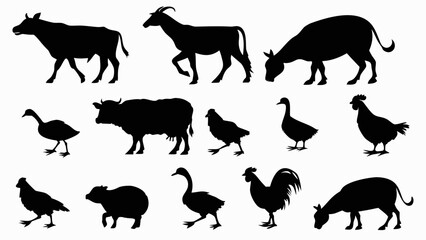 Black Silhouette Collection of Farm Animals and Birds in Minimalist Vector Style © It's_Shamim26