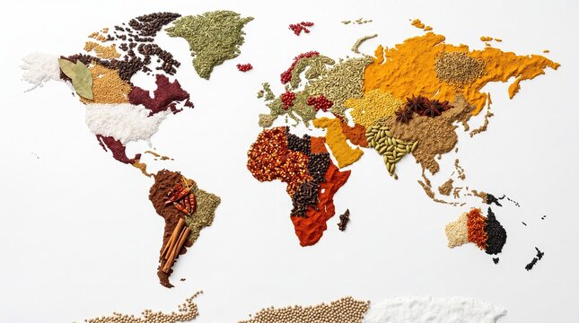 Global Spice Map Made from Herbs, Seeds and Seasonings on White Background