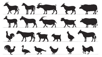 Fototapeta premium Silhouette Collection of Farm Animals and Poultry in Minimalist Black Vector Style
