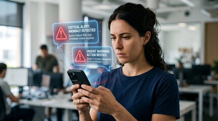 Fototapeta premium Woman alerted by holographic red security warning bubbles on smartphone indicating critical anomaly and abnormal login