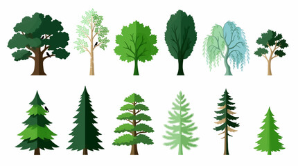 Collection of Diverse Flat Design Tree Silhouettes with Birds, Including Deciduous and Coniferous Styles, on White Background © Faisal