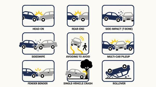 Collection of Flat Vector Icons Illustrating Various Car Accident Types: Head-on, Rear-end, Side-impact, Sideswipe, Avoiding, Multi-car Pileup, Fender Bender, Single-vehicle Crash, and Rollover