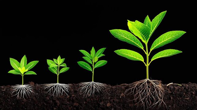 Seedling growth progression showing stages from seed to mature plant with roots visible in dark soil against a black background highlighting natural development