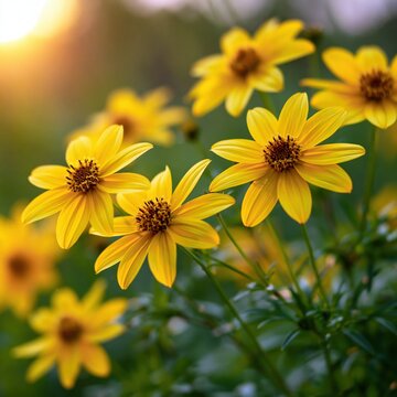 Beautiful background with golden august flowers during early morning, morning sunrise, abstract feel image, nature summertime, selective focus