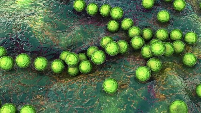 Streptococcus pyogenes bacterium, 3D animation showing spherical Gram-positive cocci arranged in chains, representing characteristic group A streptococcal morphology.