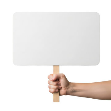 Hand holding blank white sign on wooden stick with isolated, activism