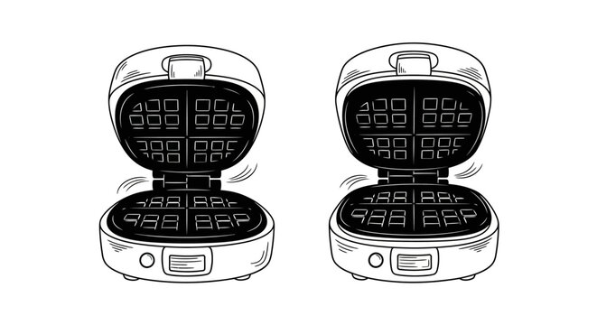Two open waffle makers with cooked waffles inside.
